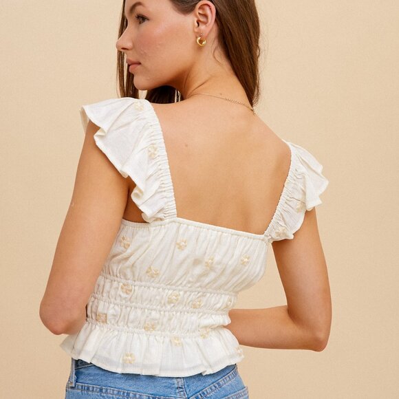 HEM & THREAD Cream Smocked Flutter Sleeve Top, Dainty Floral Peplum Blouse - Picture 2 of 8